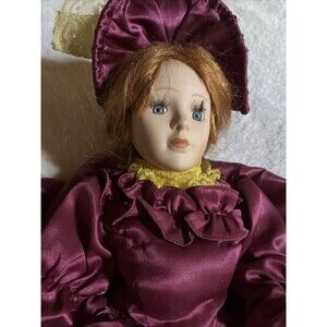 VINTAGE Brinn's 22" Porcelain Doll Red Hair Blue Eyes Burgandy Dress